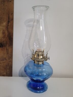 Blue Glass Oil Lamp with Chimney